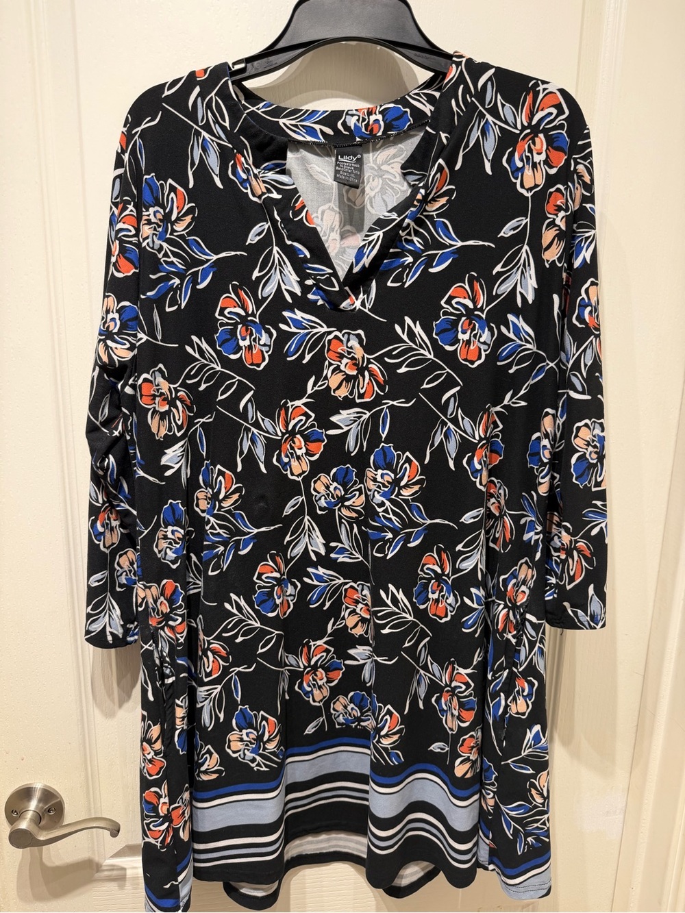 Lysse Black Floral V-Neck Tunic with Blue and Coral Accents